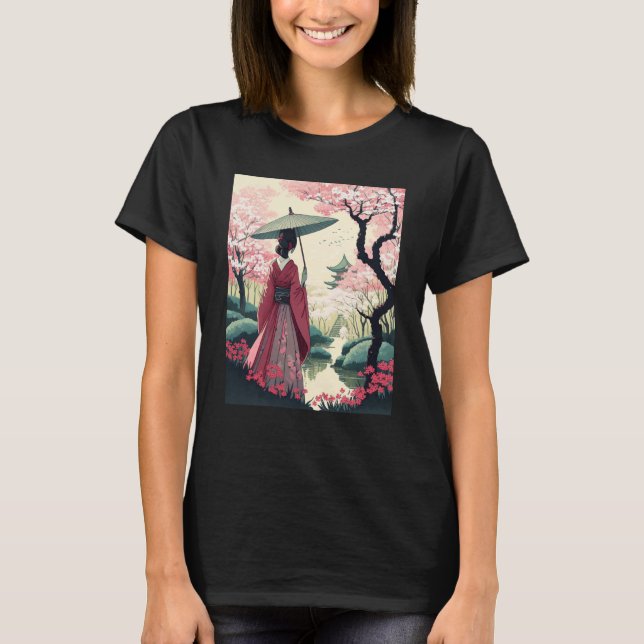 Camiseta Senhora Japonesa com Pagode de Guarda-chuva Flor d (Frente)
