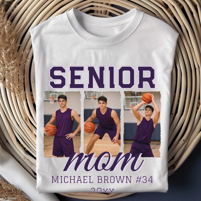 Camiseta Senior Mom Basketball Photo Collage Custom Name (Criador carregado)