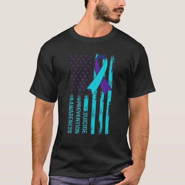 Camiseta Sensibilização Suicida Bandeira Americana Fita Men (Frente)