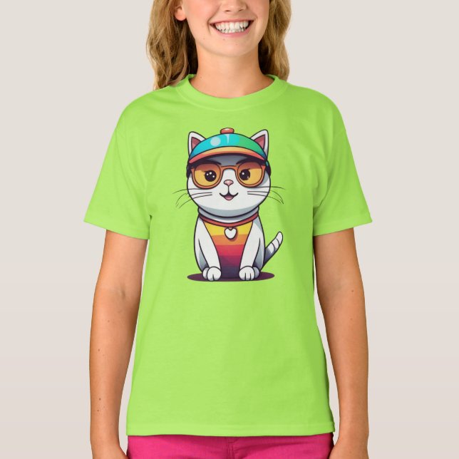 Camiseta Sentado Gatos Vestindo Óculos E Chapéu (Frente)