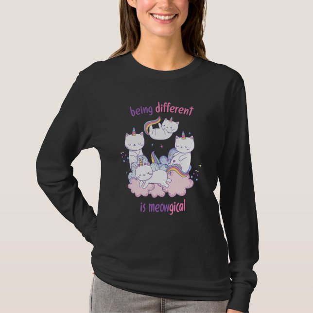 Camiseta Ser diferente é meowgical Gato unicórnio engraçado (Frente)
