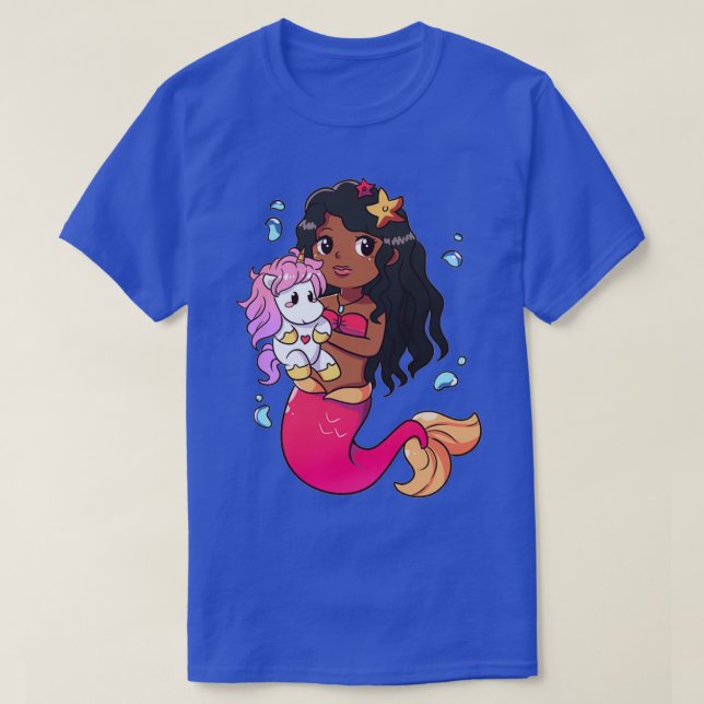 Camiseta Sereia Afro-Americana com Baby Unicorn (Frente do Design)