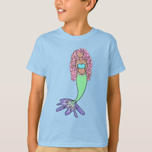 Camiseta sereia arco-íris rosa azul roxo verde preto encara