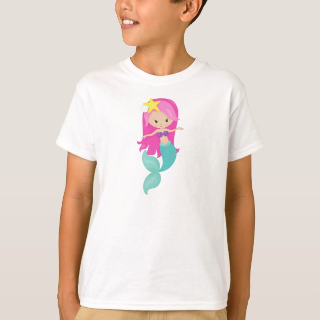 Camiseta Sereia Bonita, Pequena Sereia, Cabelo Rosa, Fécula (Frente)