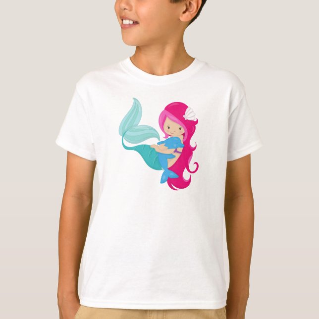 Camiseta Sereia Bonita, Pequena Sereia, Cabelo Rosa, Golfin (Frente)