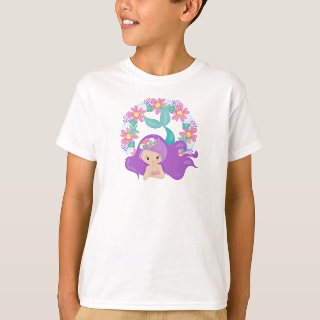 Camiseta Sereia Bonita, Pequena Sereia, Cabelo Roxo, Flores (Frente)