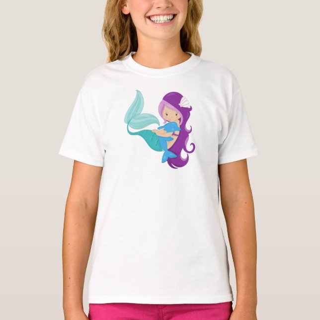 Camiseta Sereia Bonita, Pequena Sereia, Cabelo Roxo, Golfin (Frente)