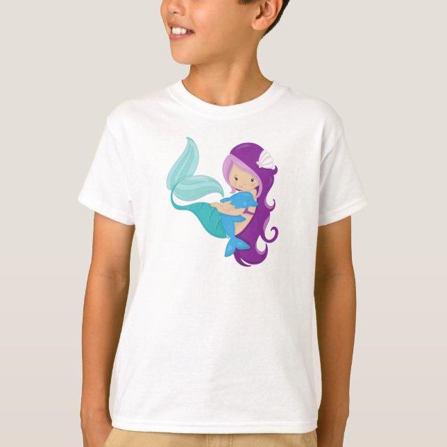 Camiseta Sereia Bonita, Pequena Sereia, Cabelo Roxo, Golfin (Frente)