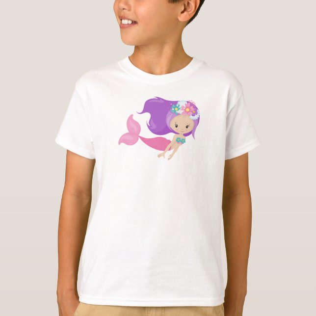 Camiseta Sereia Bonita, Pequena Sereia, Flores, Cabelo Roxo (Frente)