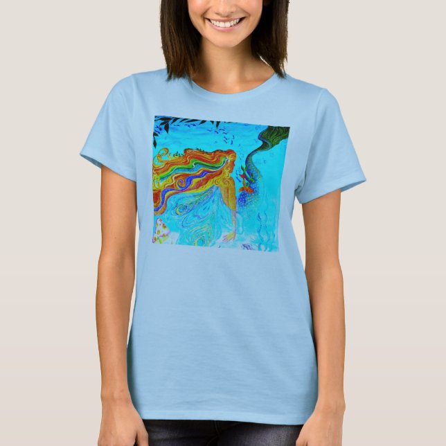 Camiseta sereia de cabelo arco-íris (Frente)
