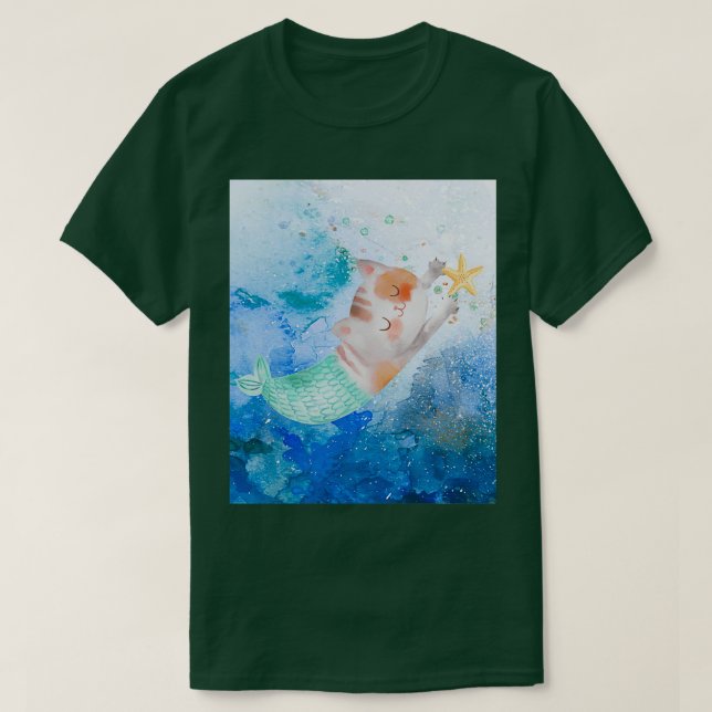 Camiseta Sereia de gato-d'água doce no mar (Frente do Design)