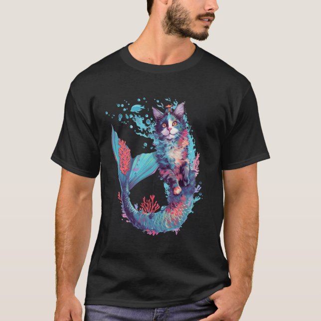 Camiseta Sereia de Gato Fantasioso Subaquático (Frente)