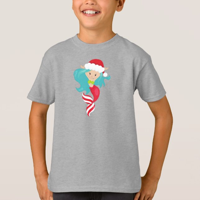Camiseta Sereia de Natal, Santa Hat, Xmas, Ano Novo (Frente)