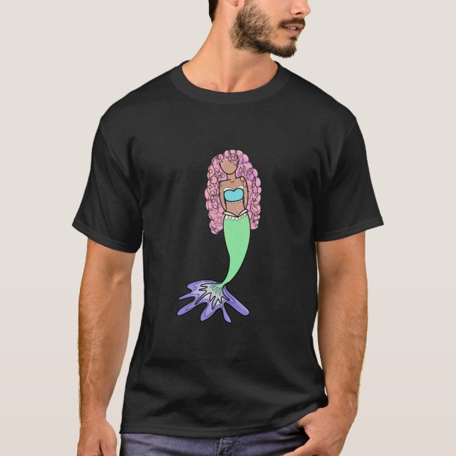 Camiseta sereia-do-arco-íris azul-roxo, cor-de-rosa, verde- (Frente)