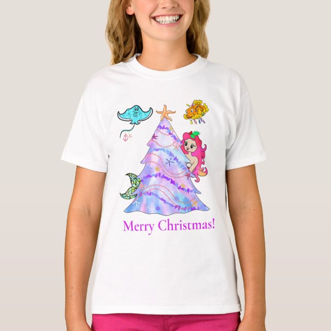 Camiseta Sereia e Amigos Decorrem Árvore de Natal (Frente)