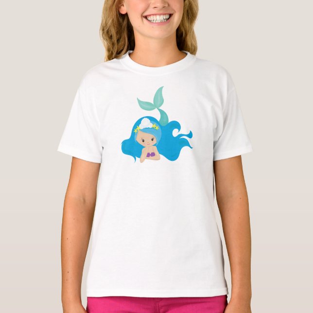 Camiseta Sereia Gira, Cabelo Azul, Pequena Sereia, Fécula (Frente)