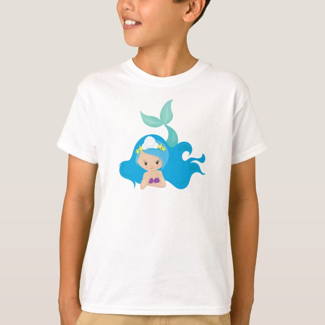 Camiseta Sereia Gira, Cabelo Azul, Pequena Sereia, Fécula (Frente)