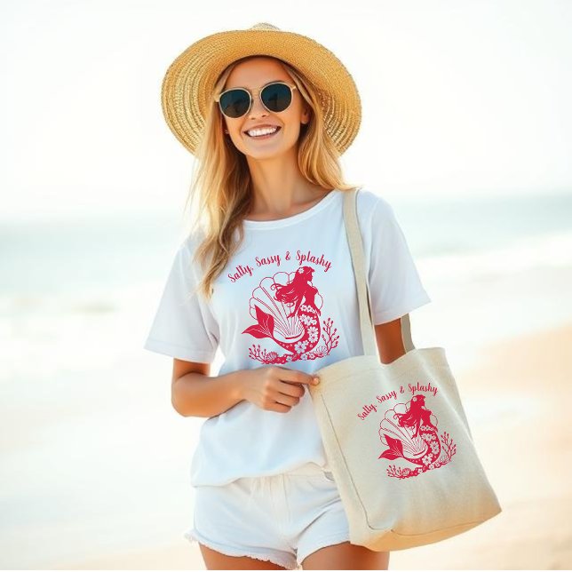 Camiseta Sereia Havaiana-Salty, Sassy e Vermelho Esplashy (Hawaiian Mermaid-Sea Shells and Tropical Flowers-Fisherman Core-Beach Bag-Beach Tote-Summer bag-Red)