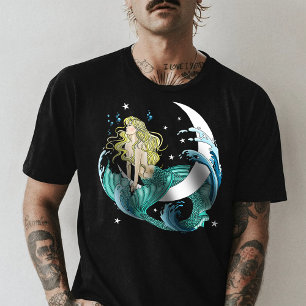 Camiseta Sereia Loira Lua Crescente Fantasia Art Déco 