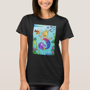 Camiseta Sereia Loira Sob Água Com Nadação De Peixes Dourad
