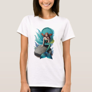 Camiseta Sereia sentada numa pedra   Arte AI