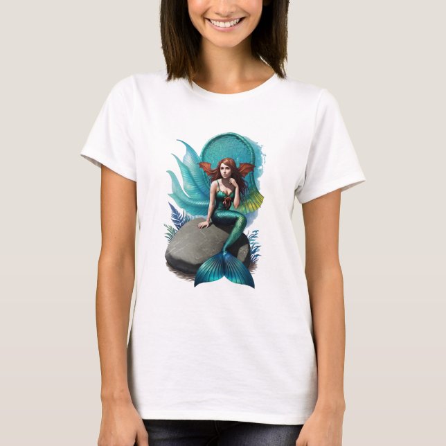Camiseta Sereia sentada numa pedra | Arte AI (Frente)