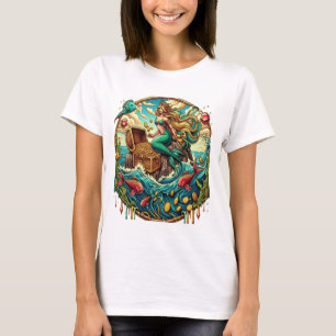 Camiseta Sereia sentada numa rocha com um tesouro aberto