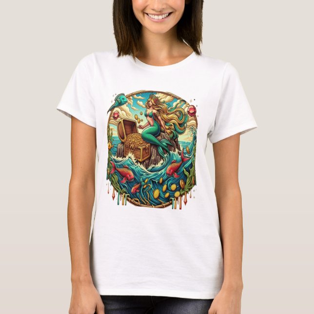 Camiseta Sereia sentada numa rocha com um tesouro aberto (Frente)