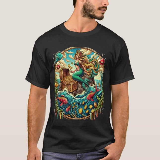 Camiseta Sereia sentada numa rocha com um tesouro aberto (Frente)