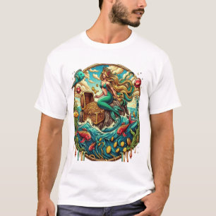 Camiseta Sereia sentada numa rocha com um tesouro aberto