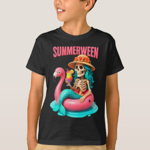 Camiseta Sereia Sereia Skeleton Flamingo Halloween