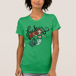 Camiseta Sereia Sortuda Shamrock Ruiva Sereias Irlandesas