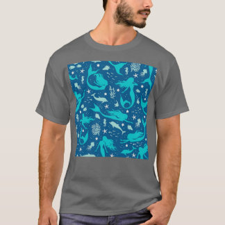 Camiseta Sereias conchas pescam golfinhos e algas
