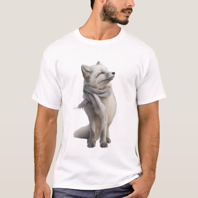 Camiseta Serena Raposa Ártica em um Cachecol Cinza Macio (Frente)