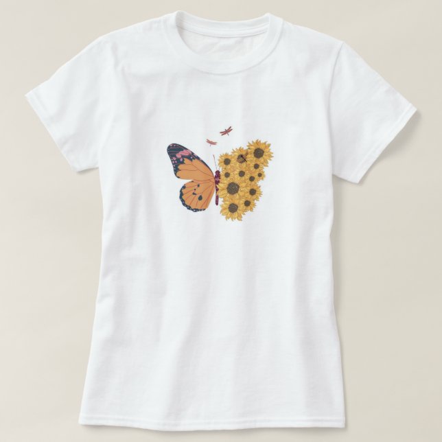 Camiseta Serenata De Girassol Com Design De Borboleta (Frente do Design)