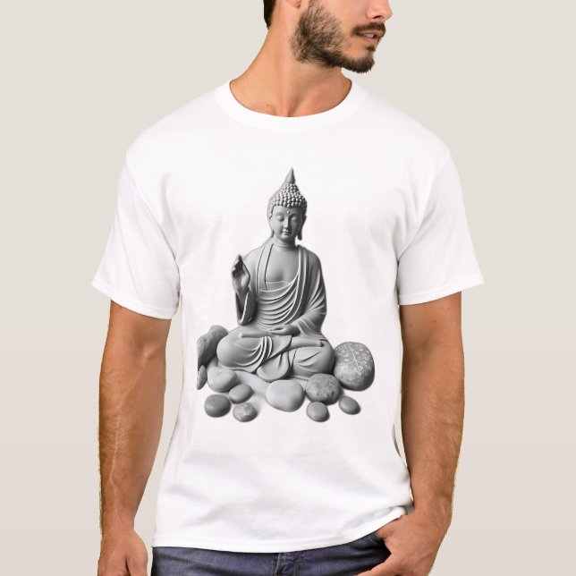 Camiseta Serene Buda com Pedras e Plantas (Frente)