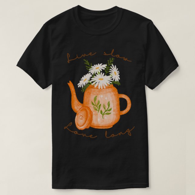 Camiseta Serene Teapot com Flores Plantas Coloridas Gardeni (Frente do Design)