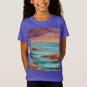 Camiseta Serenidade do Pôr do Sol Costeiro – Oceano em Aqua