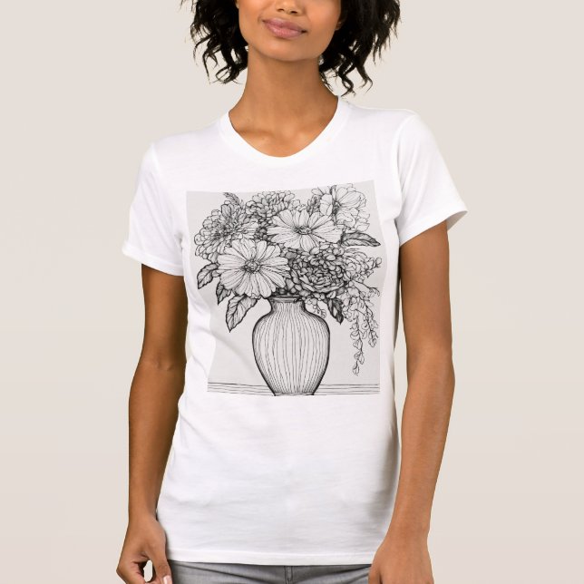 Camiseta Serenidade na vida estática: esboço de vaso e flor (Frente)
