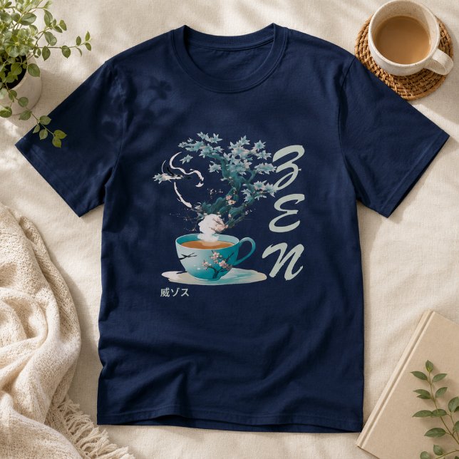 Camiseta Sereno Copo de Chá Japonês com Flores de Cerejeira (Criador carregado)