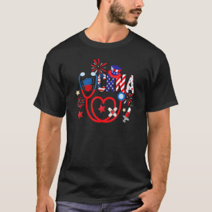 Camiseta Seringa Crna Stethoscope Fireworks American Flag 4