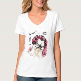 Camiseta Sério? Galinha engraçada com rolos de cabelo e ócu