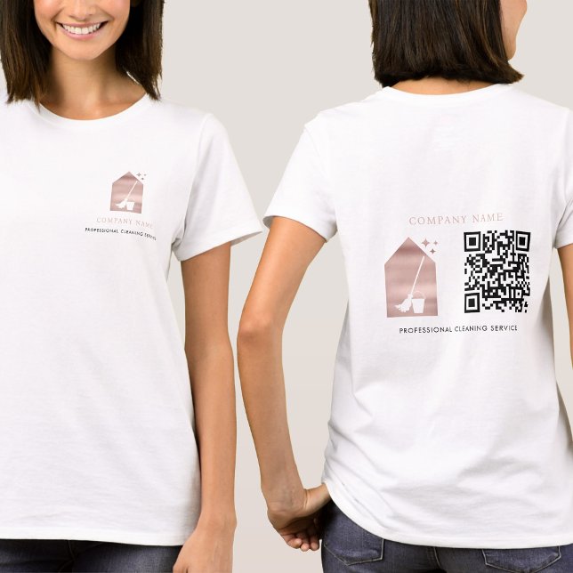 Camiseta Serviço de Limpeza Rose Gold Logo QR Code Branco (Cleaning Service Rose Gold Logo QR Code White T-Shirt)