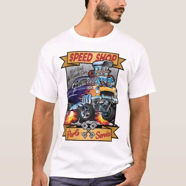 Camiseta Serviço e peças do carro de músculo quente e Compr (Frente)