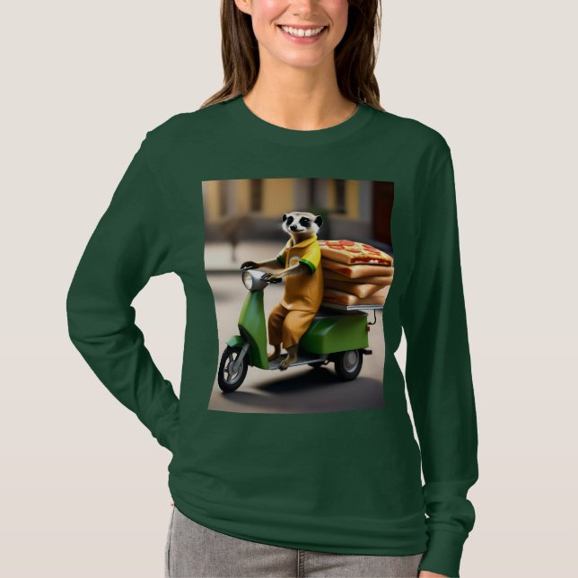 Camiseta Serviço Rápido: Meerkat Entrega Pizza em Tuk-tuk (Frente)