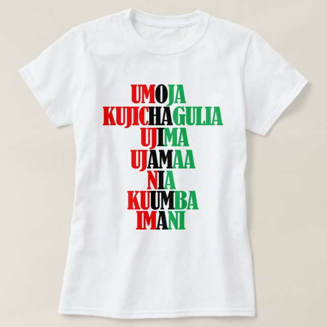 Camiseta Sete Princípios das Cores de Kwanzaa Kinara (Frente do Design)