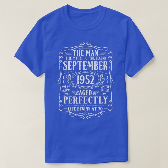 Camiseta Setembro de 1952 Man Myth Legend 70 Aniversário 70 (Frente do Design)