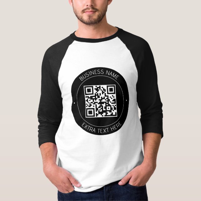 Camiseta Seu código QR e texto editável | Preto e branco (Frente)