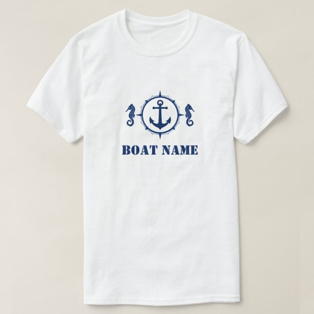 Camiseta Seu nome de boi Marinho Anchor azul de cavalo mari (Frente do Design)