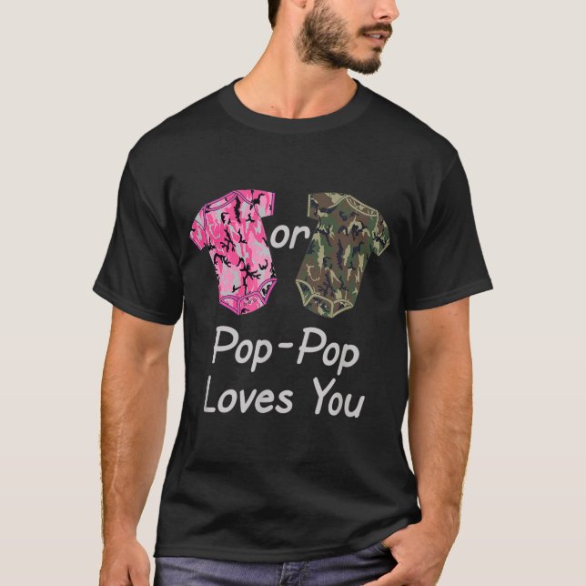Camiseta Sexo Revele Pop-Pop cor-de-rosa ou camuflagem verd (Frente)